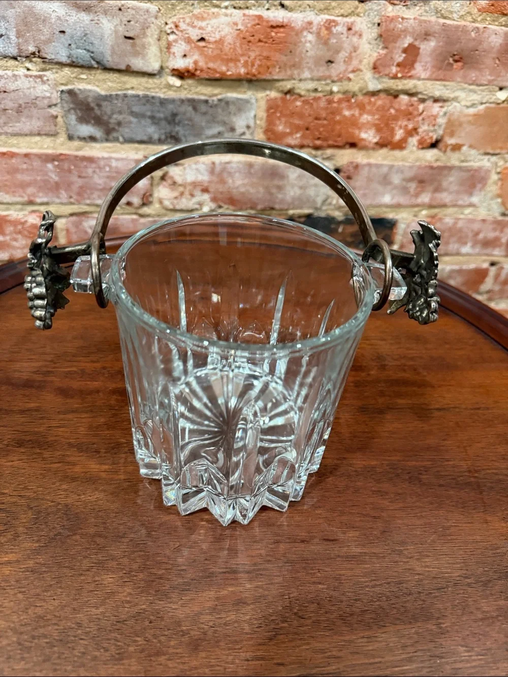 Vintage Italian Cut Glass Ice Bucket with Ornate Grape Handle